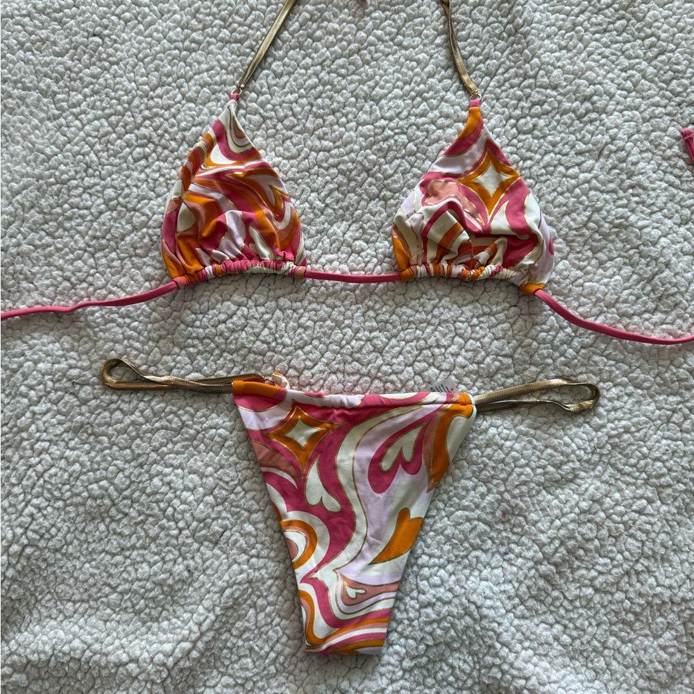Beach Bunny Pink Orange Gold Swirl Triangle String Bikini
